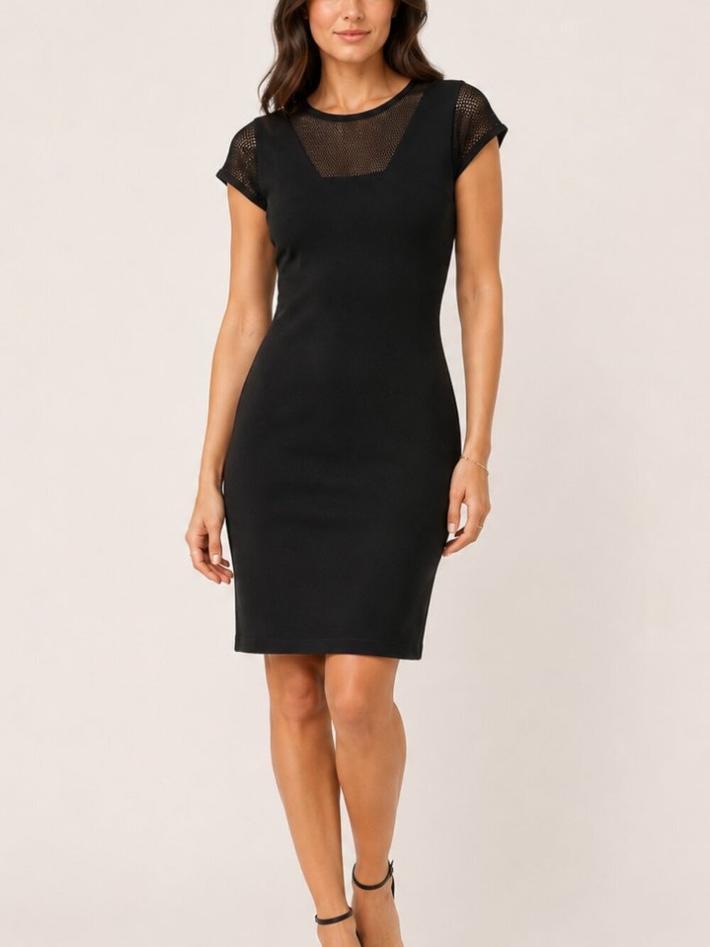 Jones New York Black Sheath Dress Mesh Yoke Knit Career Office Midi Small